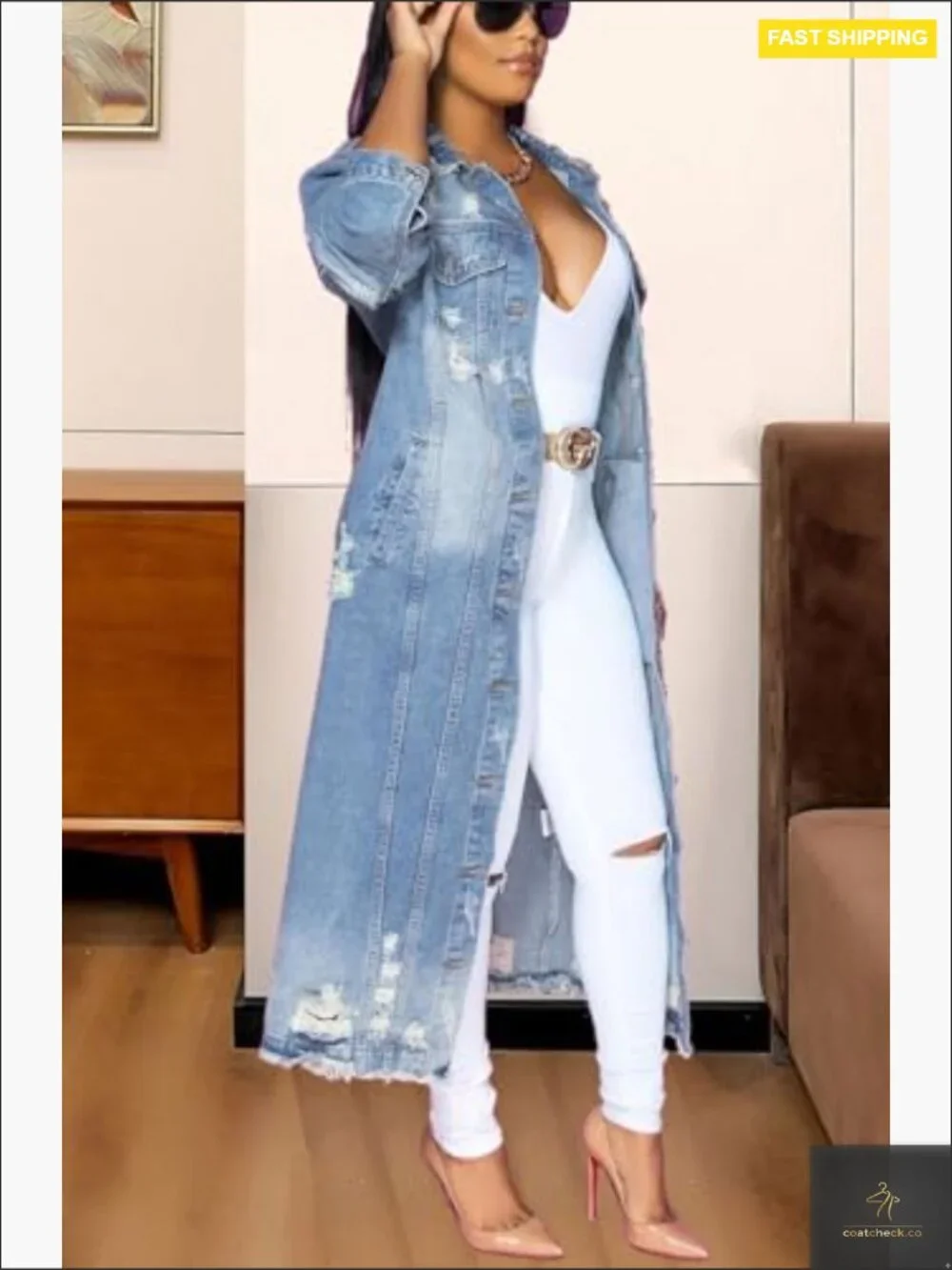 Ripped Maxi Long Denim Jacket Trench Coat Lightweight Vintage Button Down - Picture 3 of 6